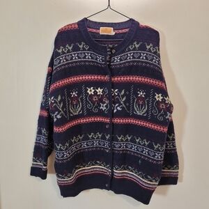 Conte Of Florence Navy and Pink Floral 100% Wool Women's Cardigan - L